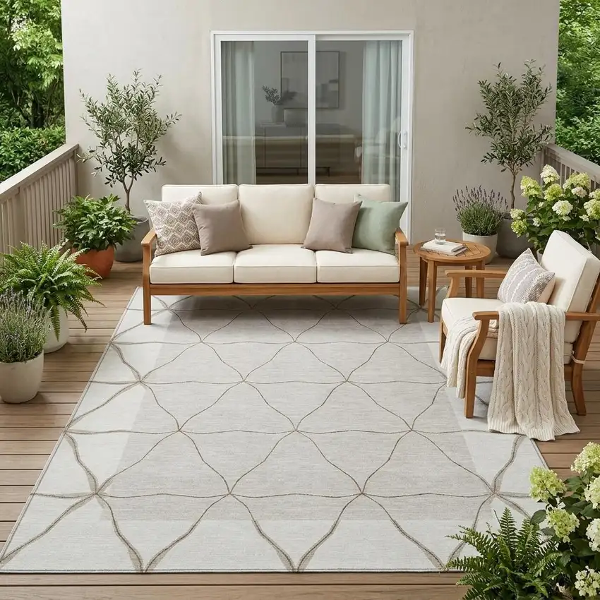 Ivory And Taupe Geometric Washable Indoor Outdoor Area Rug Photo 1