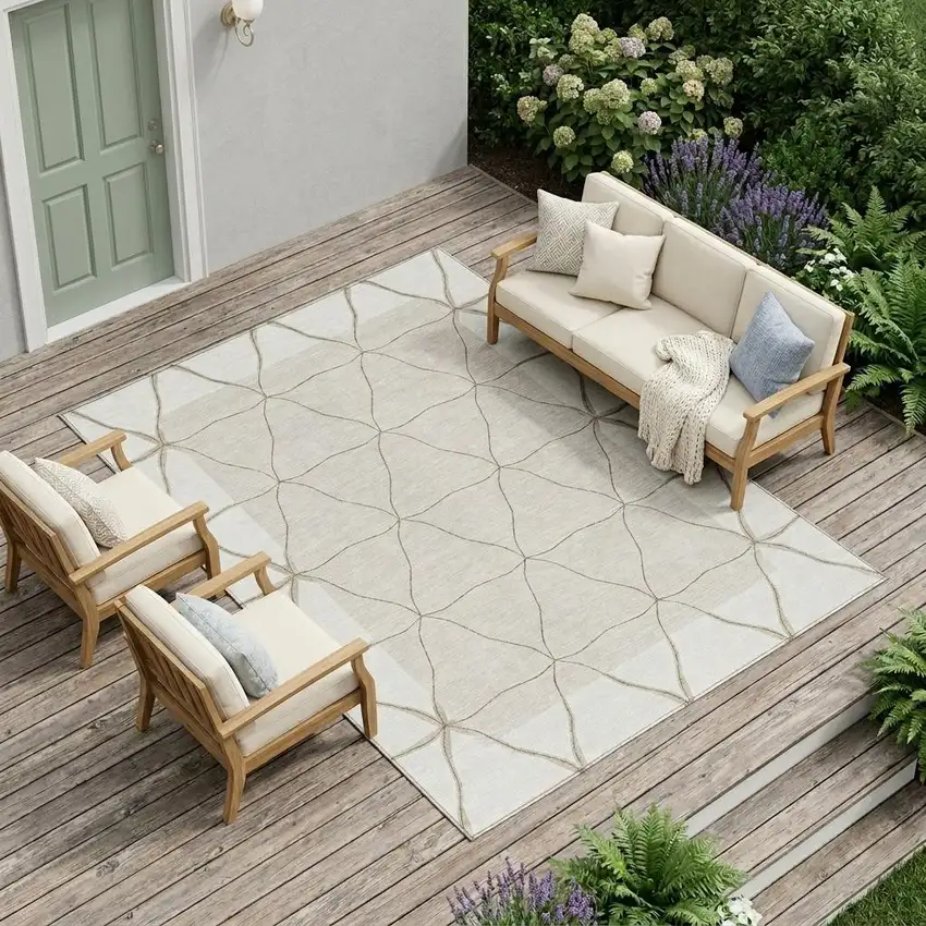 Ivory And Taupe Geometric Washable Indoor Outdoor Area Rug Photo 1