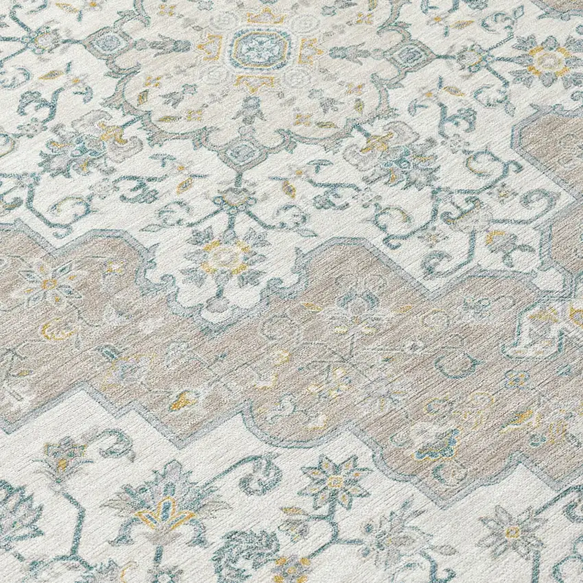 Ivory And Taupe Medallion Washable Indoor Outdoor Area Rug Photo 6