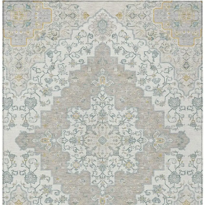 Ivory And Taupe Medallion Washable Indoor Outdoor Area Rug Photo 4