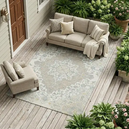 Ivory And Taupe Medallion Washable Indoor Outdoor Area Rug Photo 1