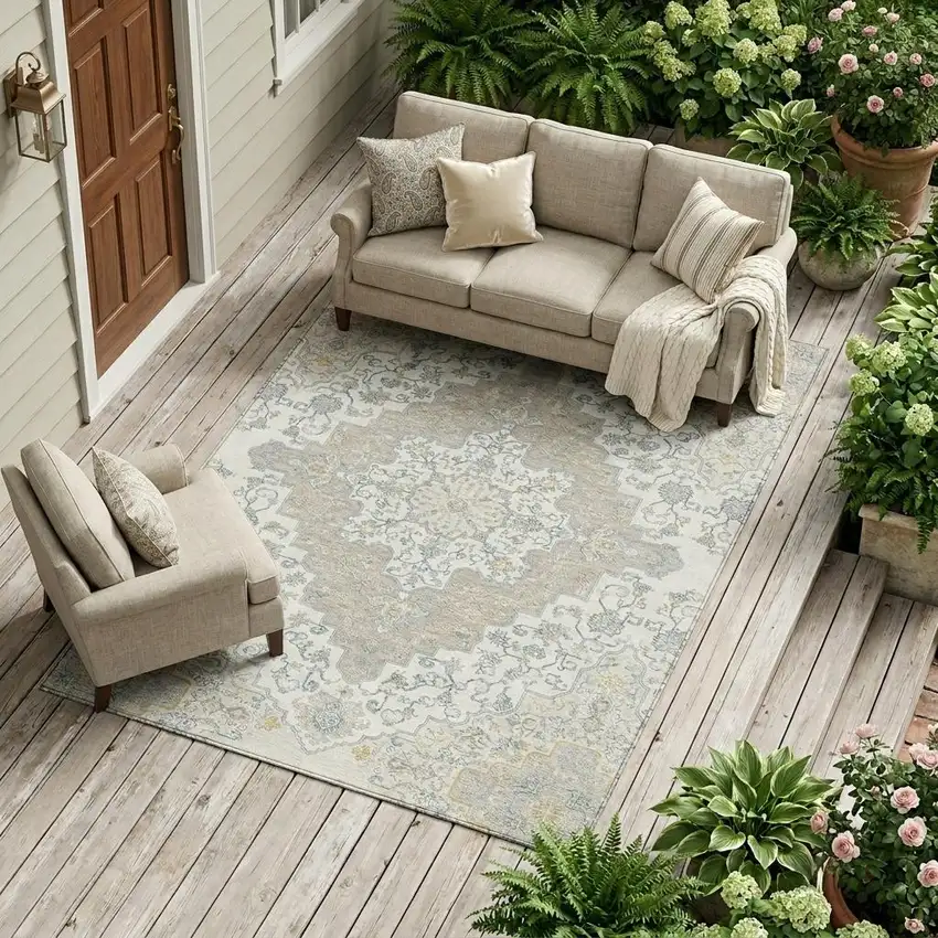 Ivory And Taupe Medallion Washable Indoor Outdoor Area Rug Photo 1