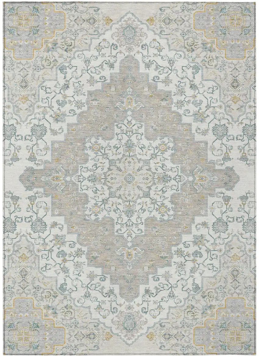 Ivory And Taupe Medallion Washable Indoor Outdoor Area Rug Photo 2