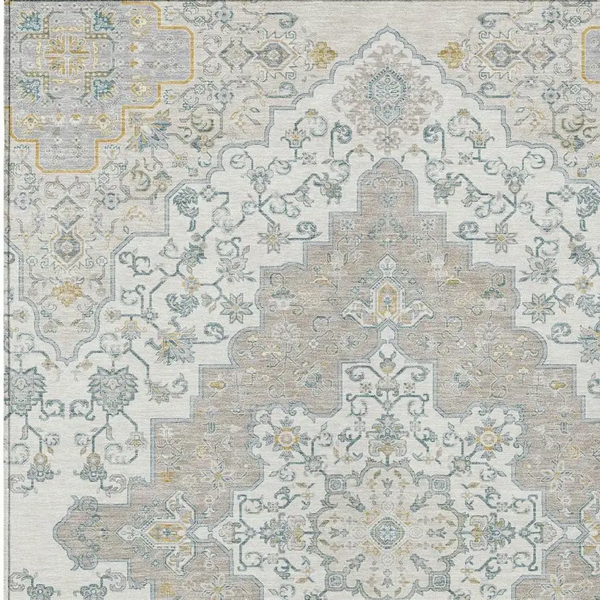 Ivory And Taupe Medallion Washable Indoor Outdoor Area Rug Photo 3
