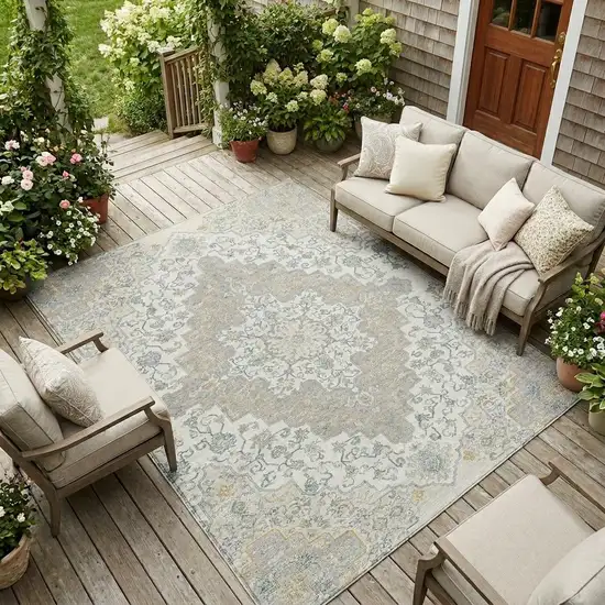 Ivory And Taupe Medallion Washable Indoor Outdoor Area Rug Photo 1