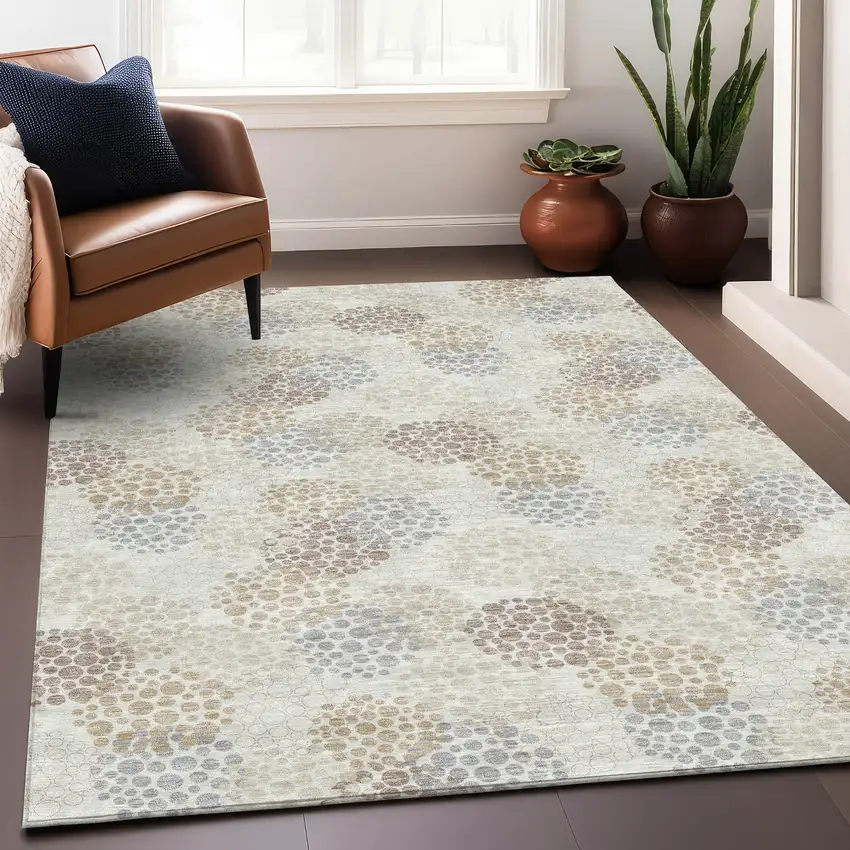 Ivory And Taupe Polka Dot Washable Area Rug With UV Protection Photo 5