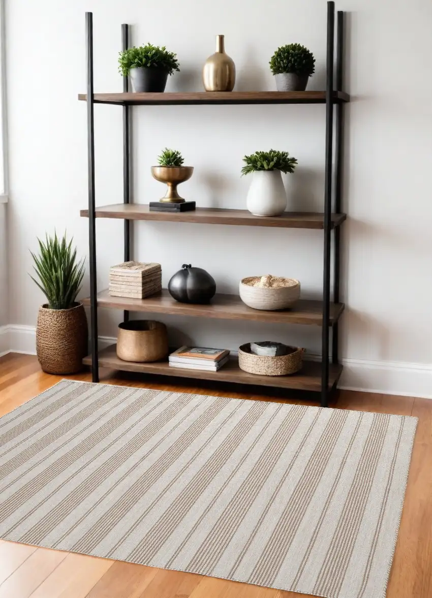 Ivory And Taupe Striped Dhurrie Hand Woven Stain Resistant Area Rug Photo 1
