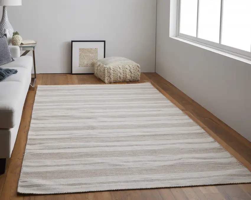 Ivory And Taupe Striped Dhurrie Hand Woven Stain Resistant Area Rug Photo 6