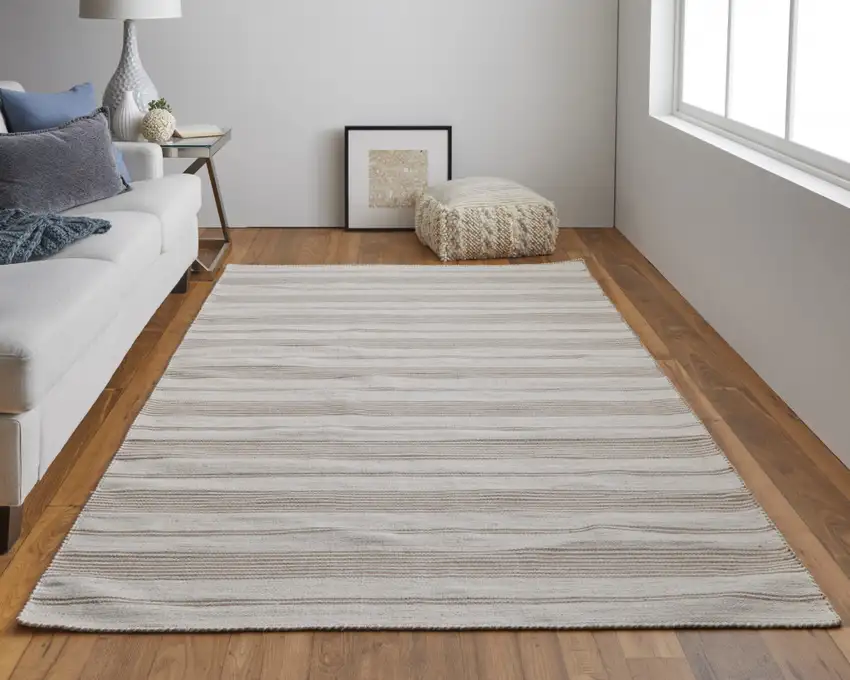 Ivory And Taupe Striped Dhurrie Hand Woven Stain Resistant Area Rug Photo 7