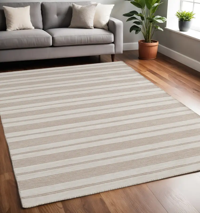 Ivory And Taupe Striped Hand Woven Area Rug Photo 1