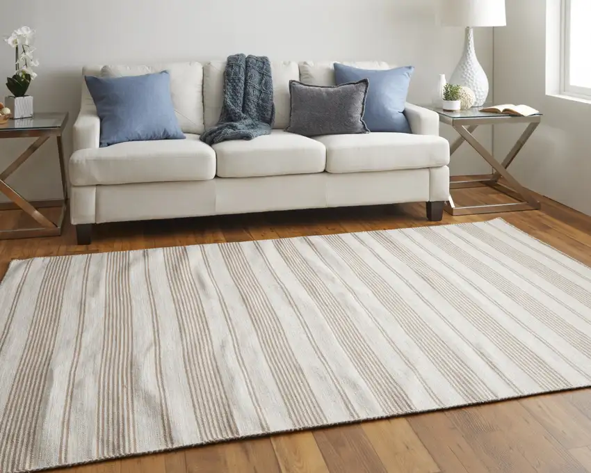 Ivory And Taupe Striped Dhurrie Hand Woven Stain Resistant Area Rug Photo 8