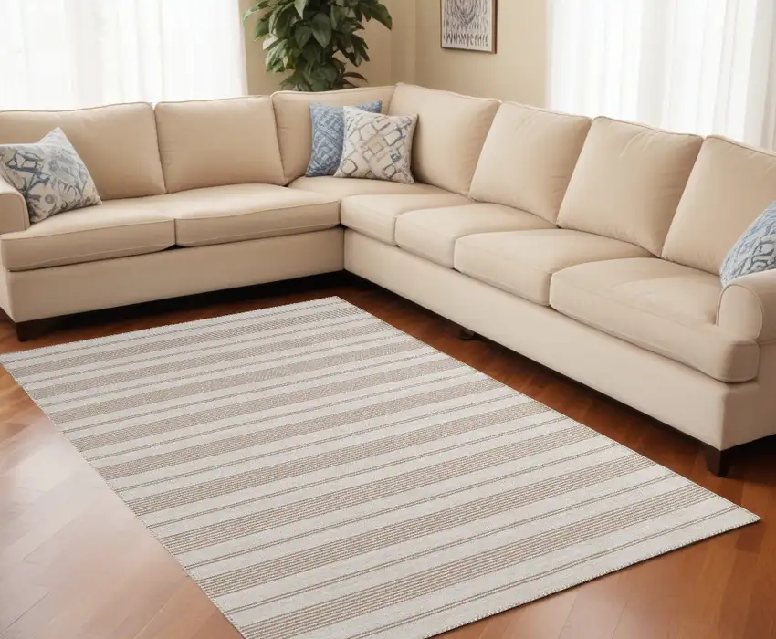 Ivory And Taupe Striped Dhurrie Hand Woven Stain Resistant Area Rug Photo 1