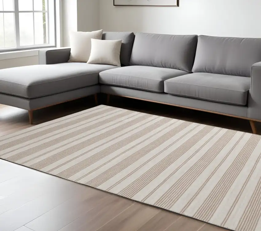 Ivory And Taupe Striped Hand Woven Area Rug Photo 1