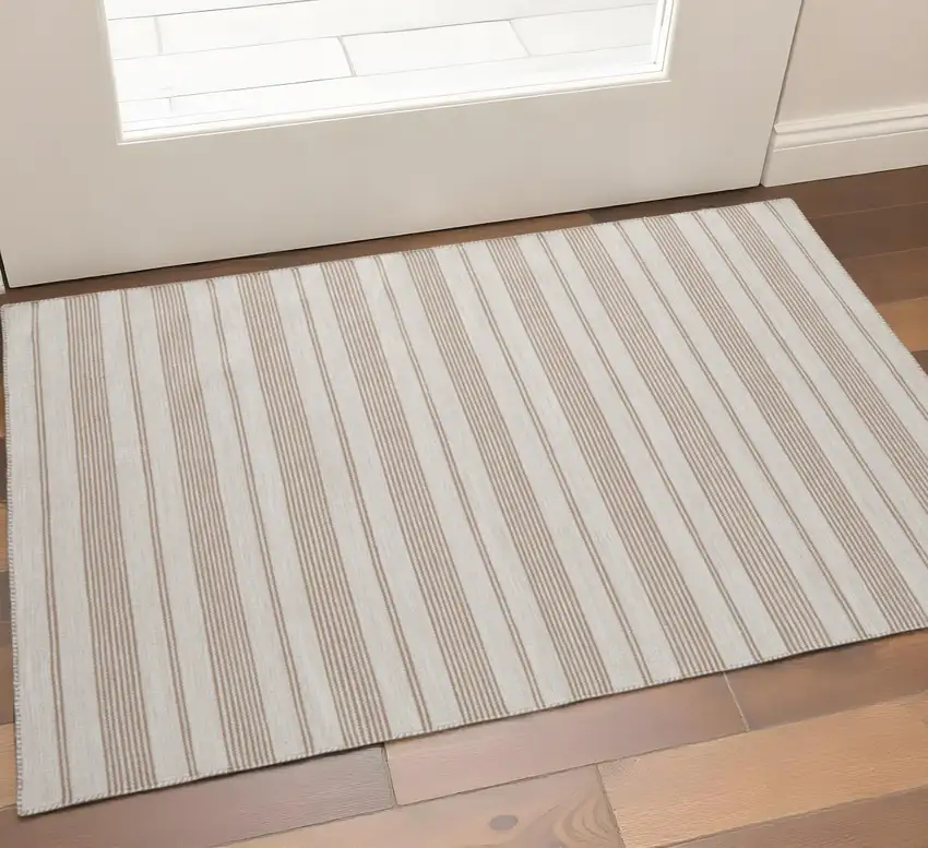 Ivory And Taupe Striped Hand Woven Area Rug Photo 1