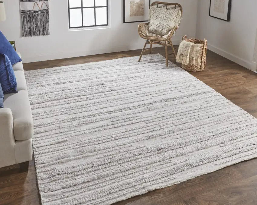 Ivory And Taupe Striped Hand Woven Stain Resistant Area Rug Photo 7