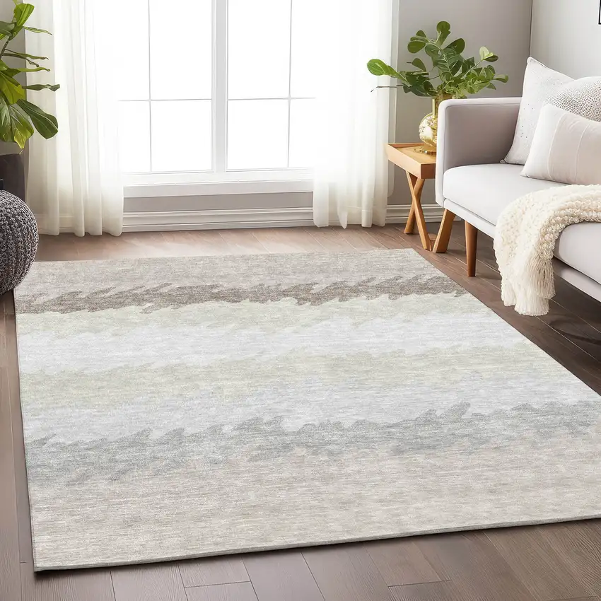 Ivory And Taupe Striped Washable Area Rug With UV Protection Photo 3