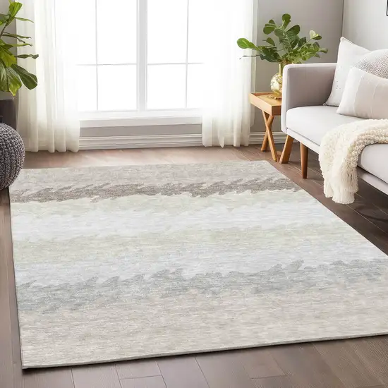 Ivory And Taupe Striped Washable Area Rug With UV Protection Photo 4