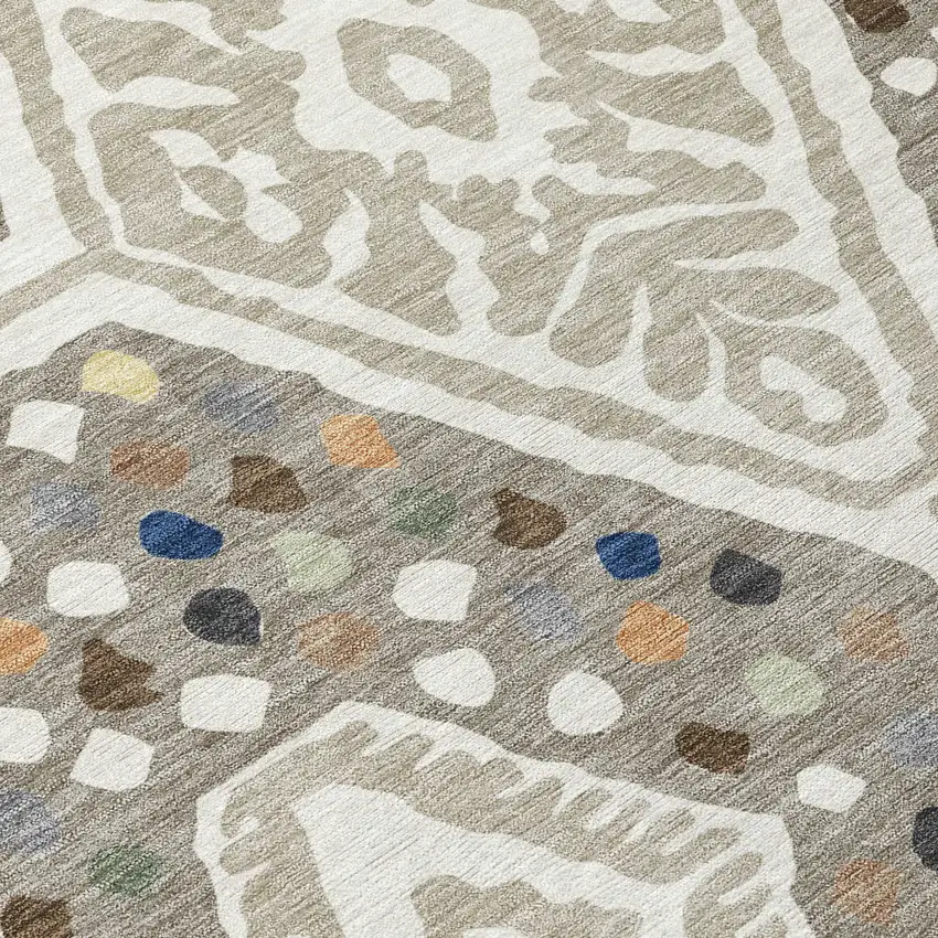 Ivory And Taupe Tribal Washable Indoor Outdoor Area Rug Photo 9