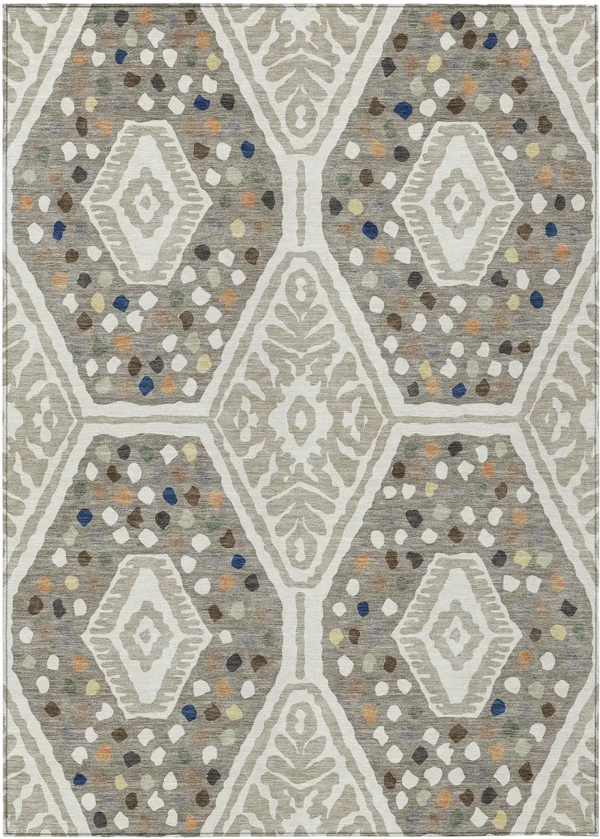 Ivory And Taupe Tribal Washable Indoor Outdoor Area Rug Photo 1