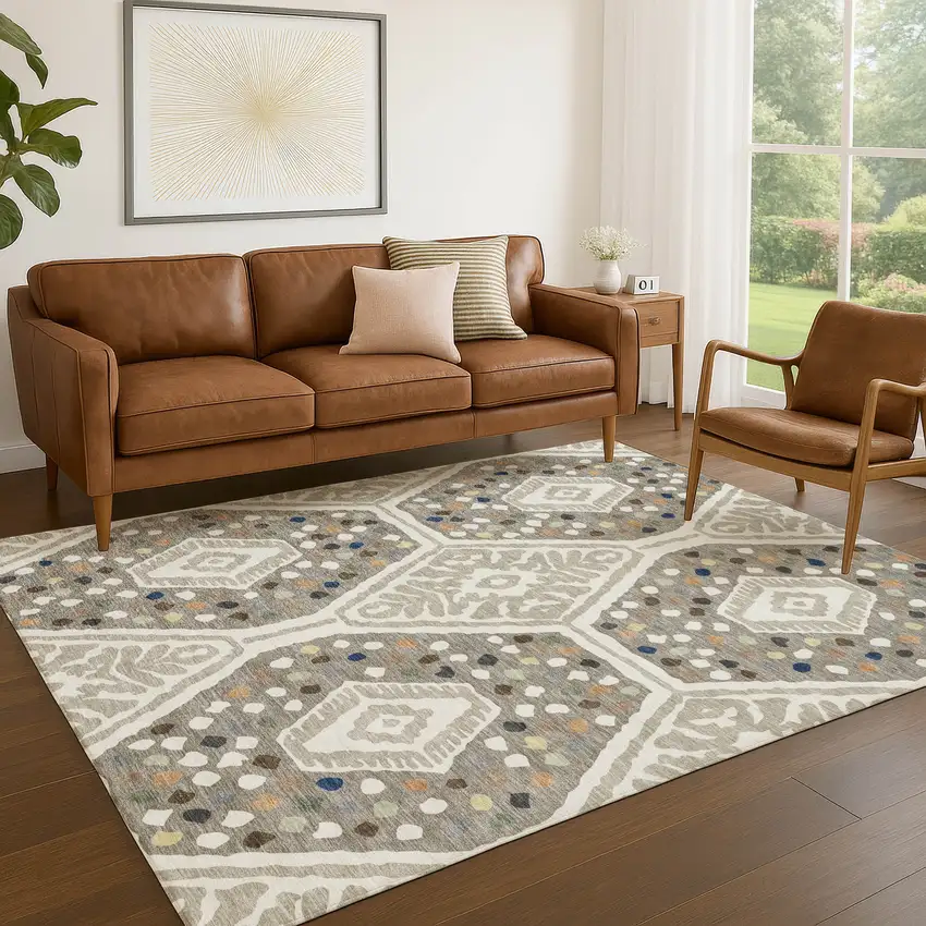 Ivory And Taupe Tribal Washable Indoor Outdoor Area Rug Photo 5