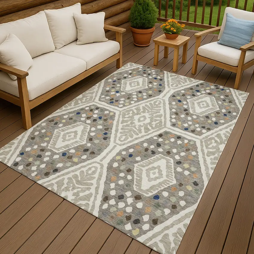 Ivory And Taupe Tribal Washable Indoor Outdoor Area Rug Photo 4