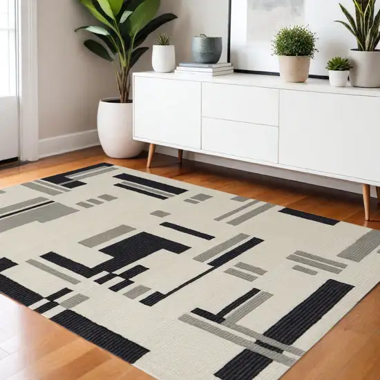Ivory Black And Gray Wool Abstract Hand Tufted Area Rug Photo 1