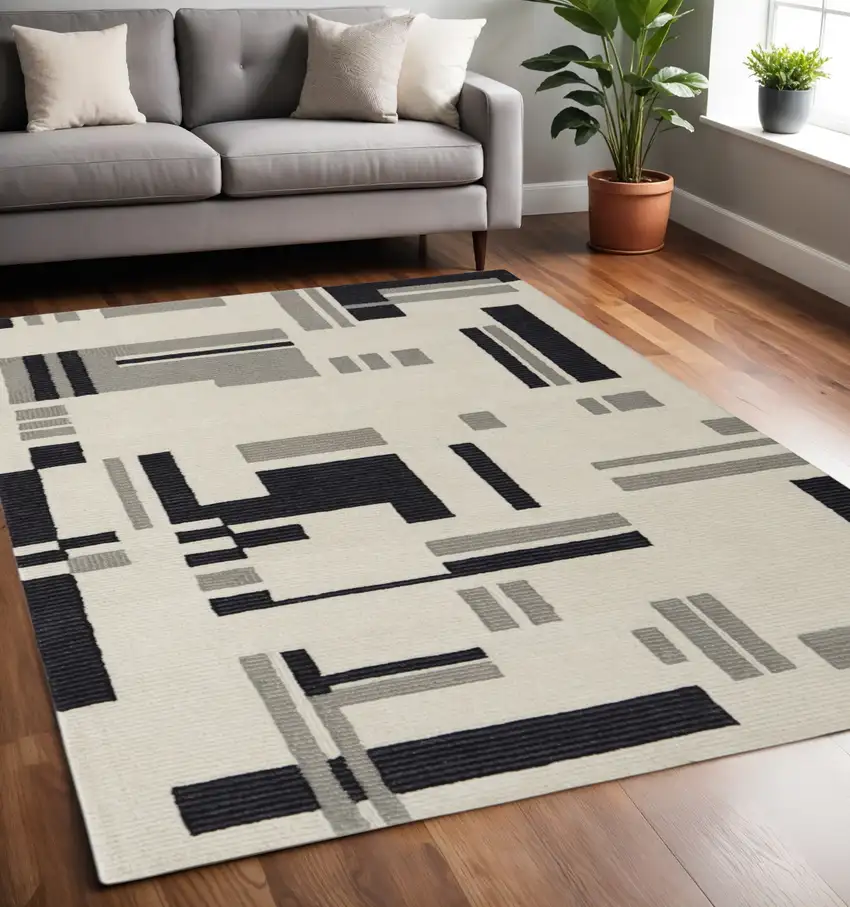 Ivory Black And Gray Wool Abstract Hand Tufted Area Rug Photo 1