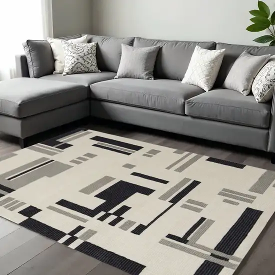 Ivory Black And Gray Wool Abstract Hand Tufted Area Rug Photo 1
