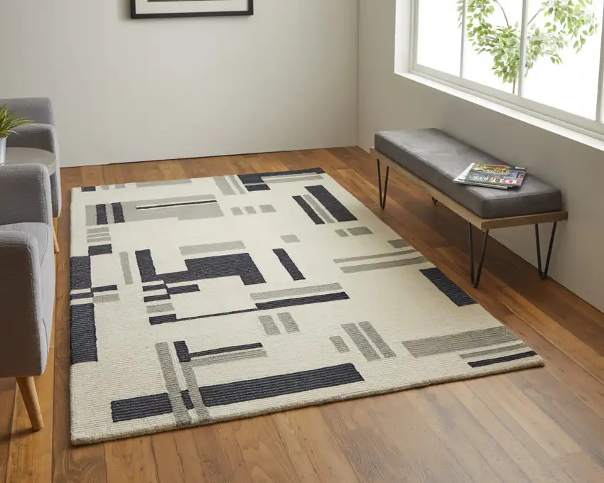 Ivory And Taupe Wool Abstract Tufted Handmade Area Rug Photo 8