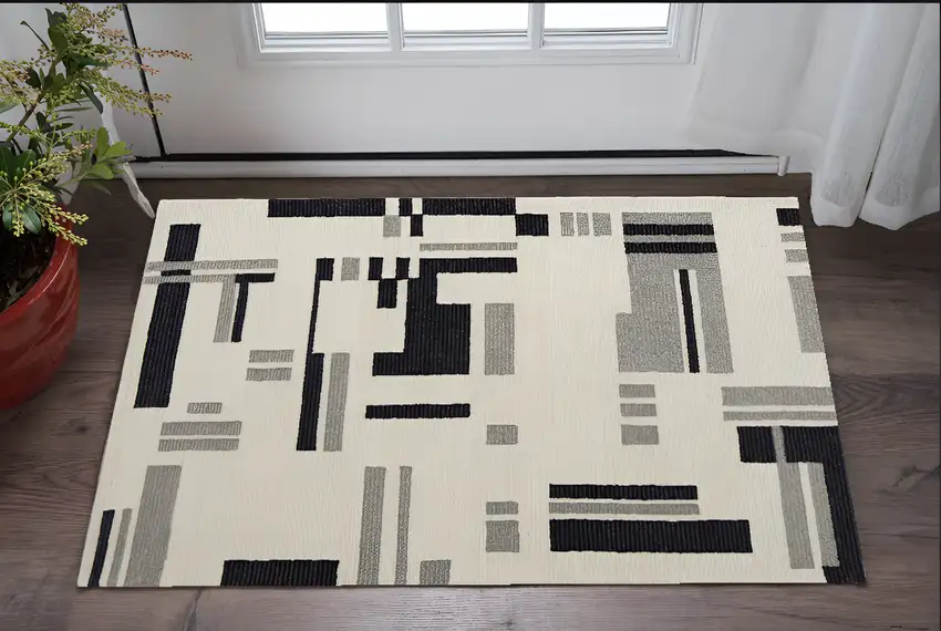 Ivory Wool Abstract Hand Tufted Area Rug Photo 1