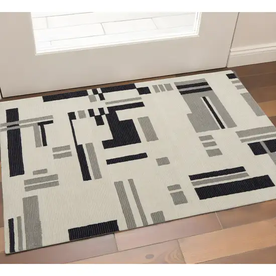 Ivory Black And Gray Wool Abstract Hand Tufted Area Rug Photo 1