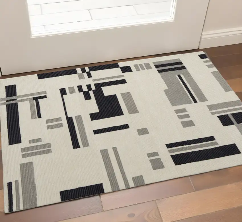 Ivory Black And Gray Wool Abstract Hand Tufted Area Rug Photo 1