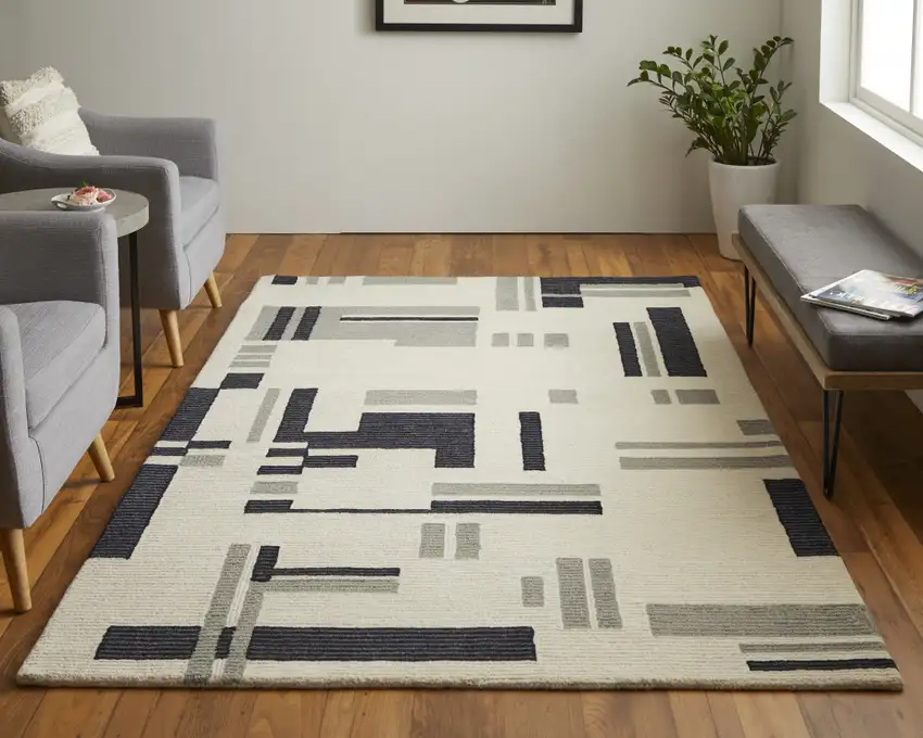 Ivory And Taupe Wool Abstract Tufted Handmade Area Rug Photo 9