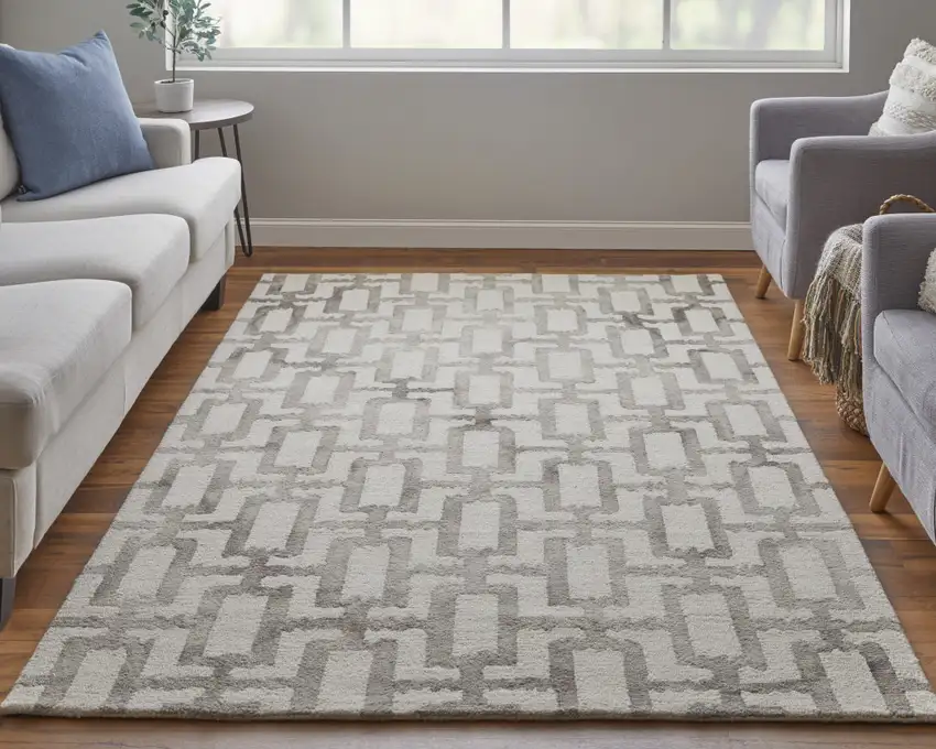 Ivory And Taupe Wool Geometric Tufted Handmade Area Rug Photo 8
