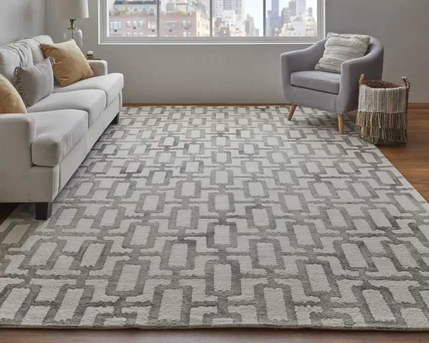 Ivory And Taupe Wool Geometric Tufted Handmade Area Rug Photo 6
