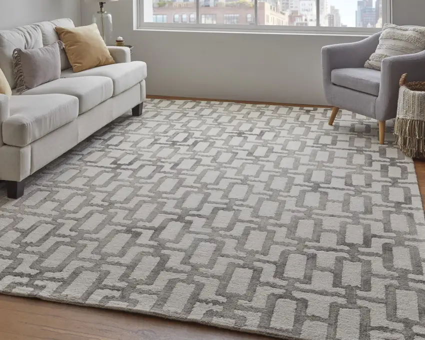 Ivory And Taupe Wool Geometric Tufted Handmade Area Rug Photo 7