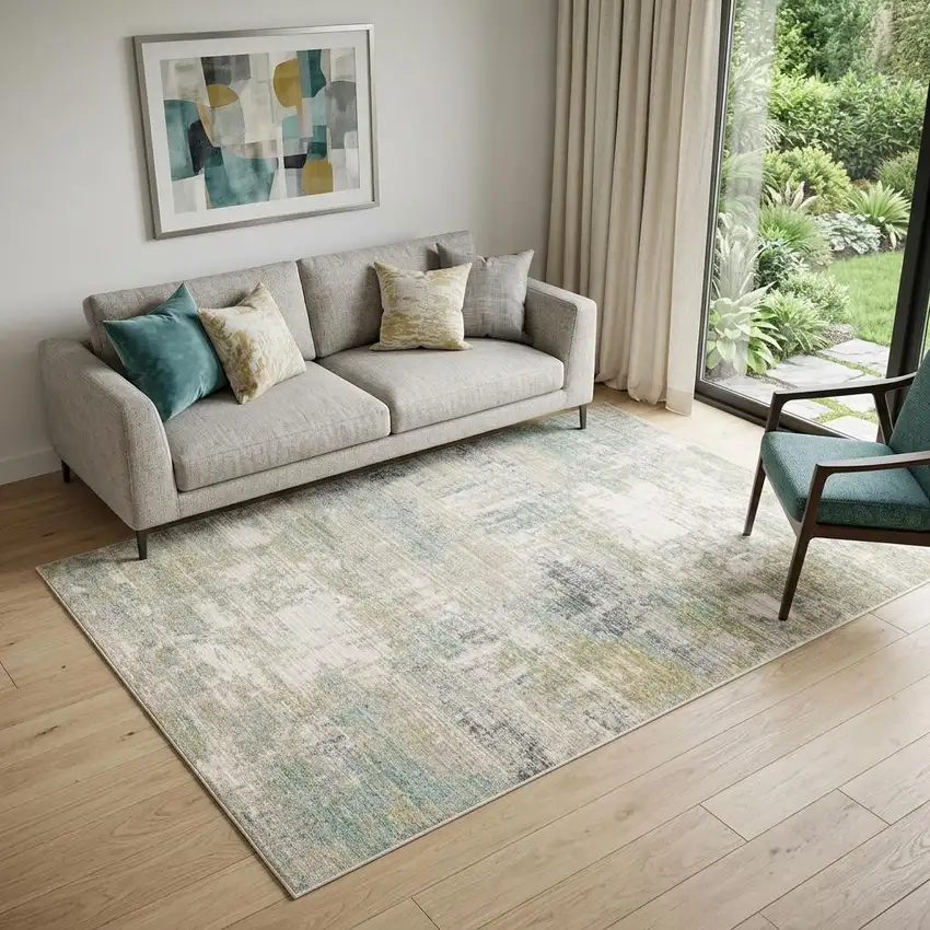 Ivory And Teal Abstract Area Rug Photo 1