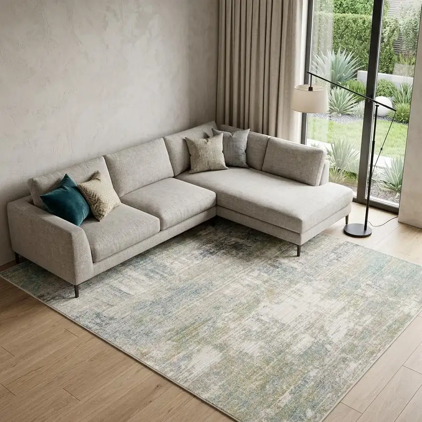 Ivory And Teal Abstract Area Rug Photo 1