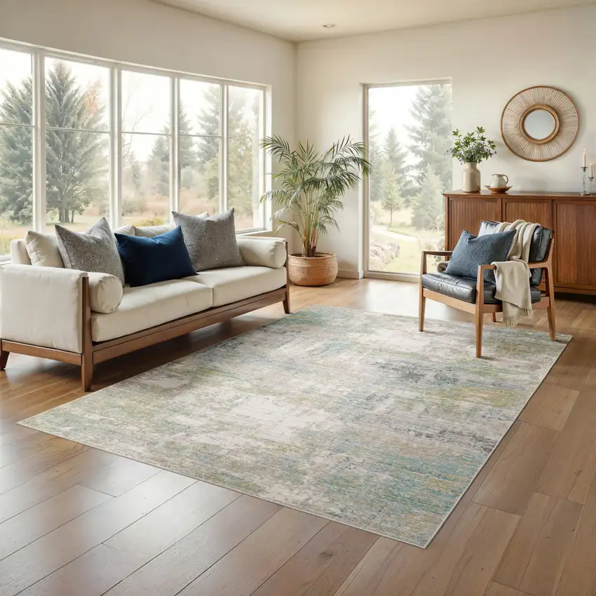 Ivory And Teal Abstract Area Rug Photo 5