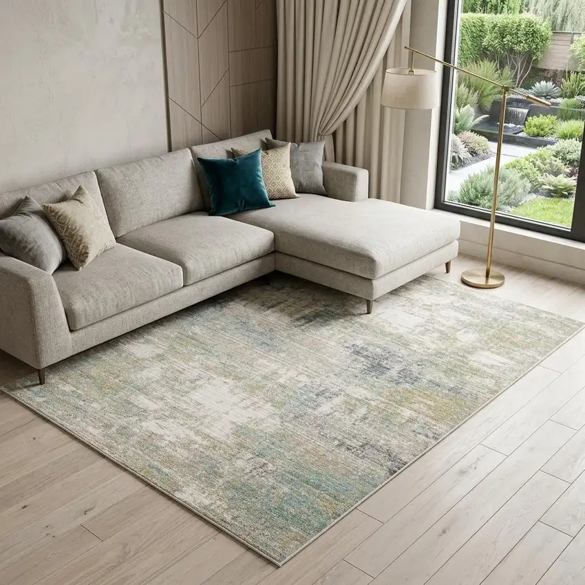 Ivory And Teal Abstract Area Rug Photo 1