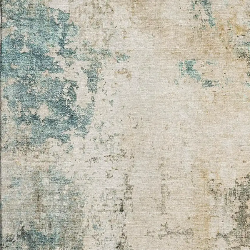 Ivory And Teal Abstract Washable Area Rug With UV Protection Photo 3