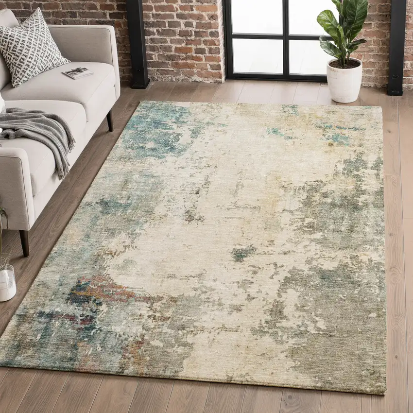 Ivory And Teal Abstract Washable Area Rug With UV Protection Photo 5