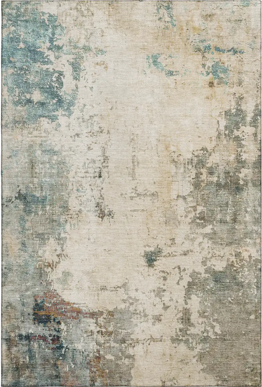 Ivory And Teal Abstract Washable Area Rug With UV Protection Photo 2