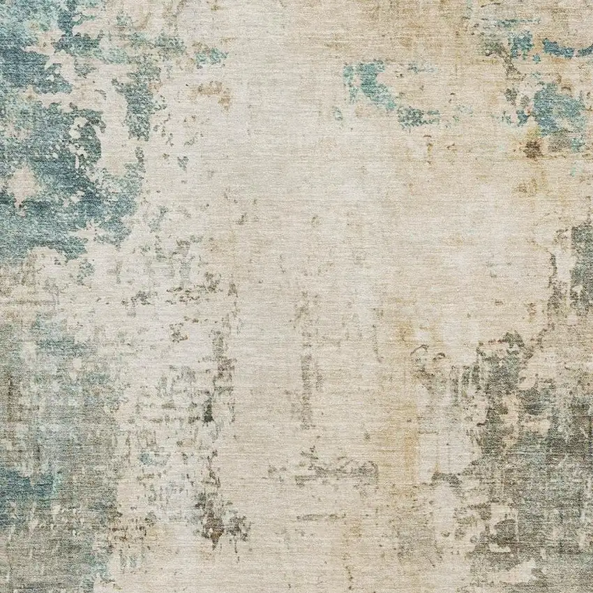 Ivory And Teal Abstract Washable Area Rug With UV Protection Photo 3