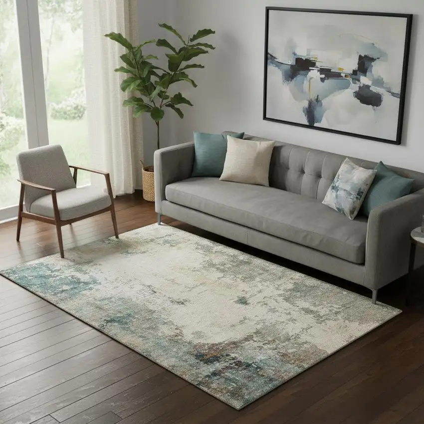 Ivory And Teal Abstract Washable Area Rug With UV Protection Photo 2