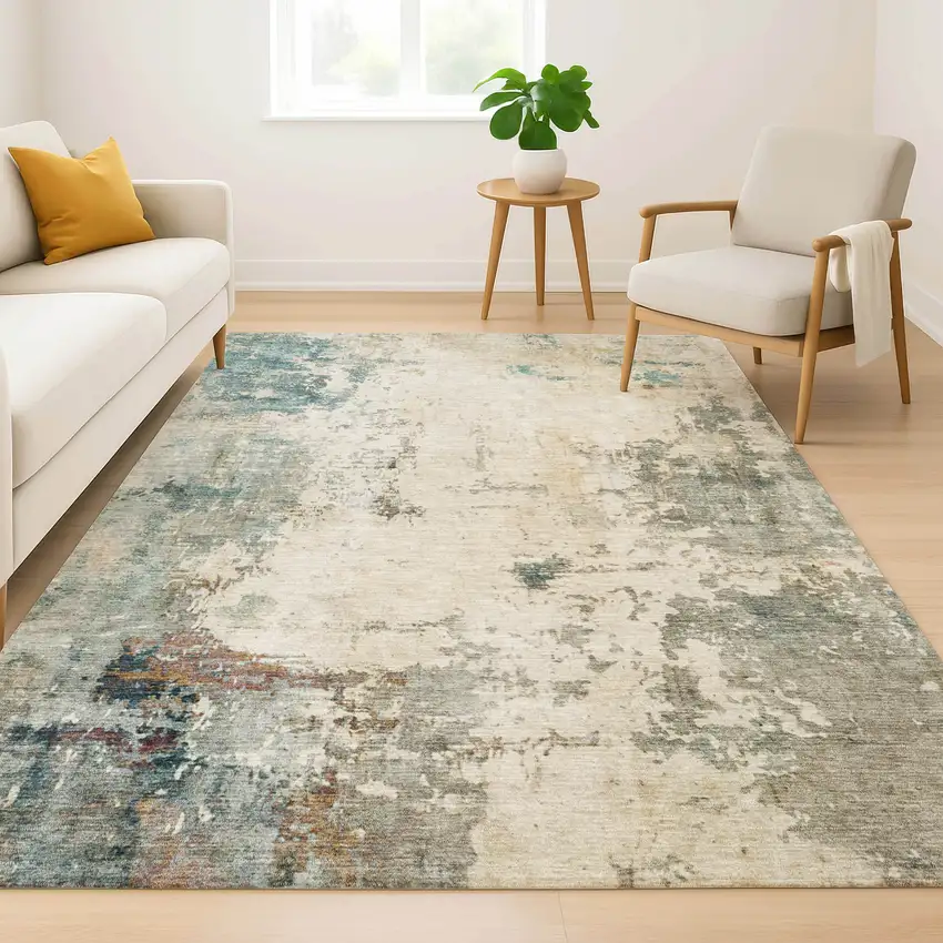 Ivory And Teal Abstract Washable Area Rug With UV Protection Photo 6