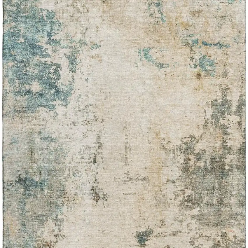 Ivory And Teal Abstract Washable Area Rug With UV Protection Photo 4