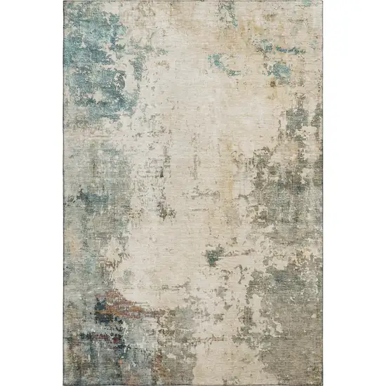 Ivory And Teal Abstract Washable Area Rug With UV Protection Photo 1