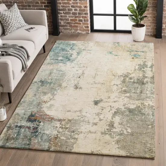 Ivory And Teal Abstract Washable Area Rug With UV Protection Photo 5