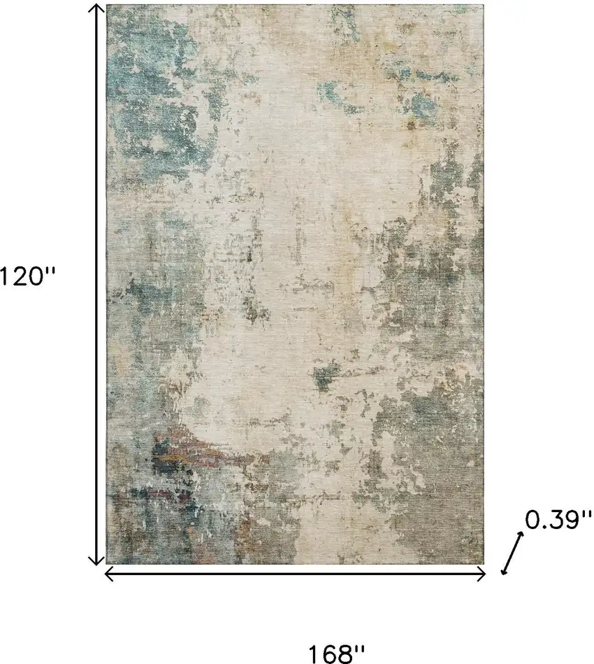 Ivory And Teal Abstract Washable Area Rug With UV Protection Photo 9